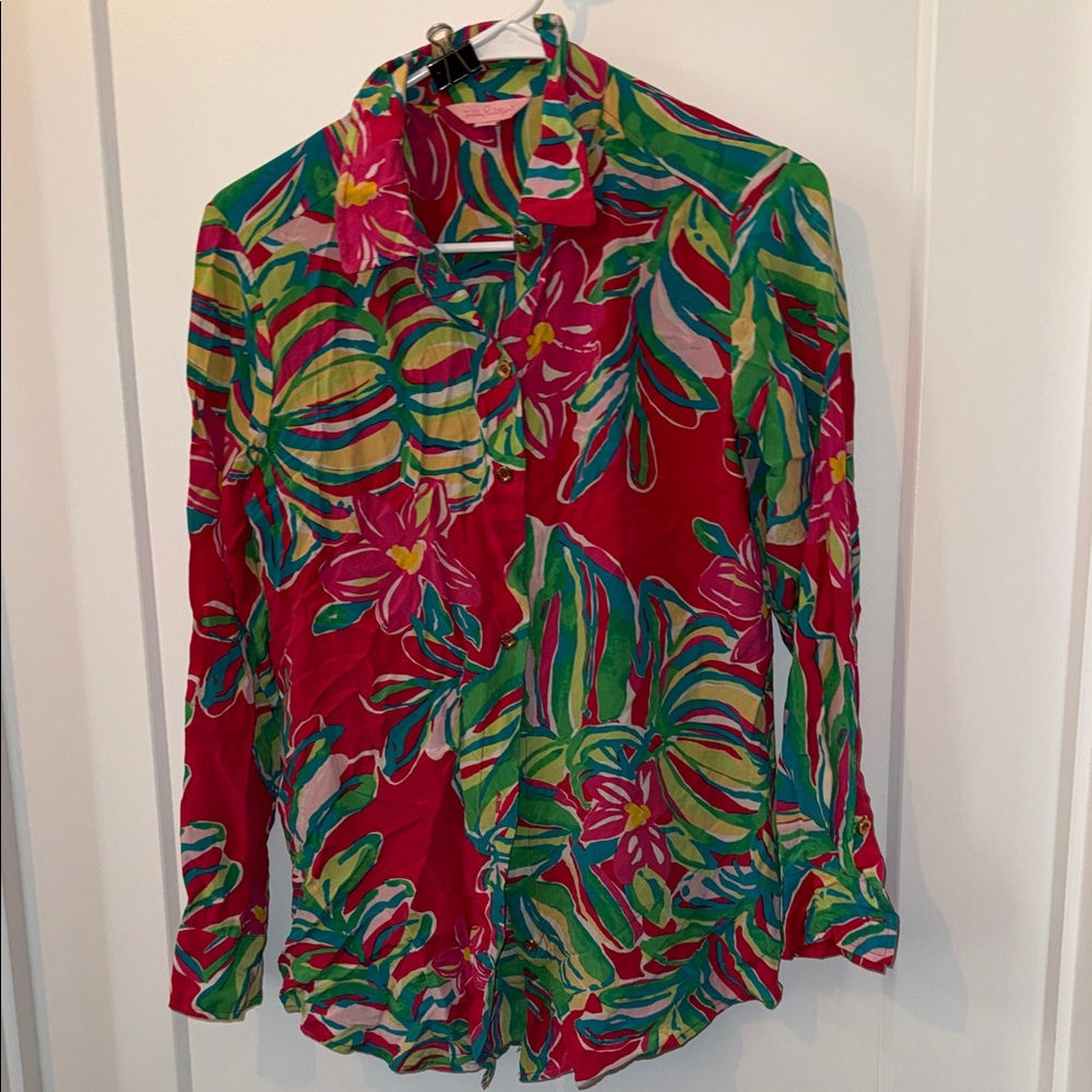 Lilly Pulitzer Multicolor Tropical Print Shirt - Red, Green, Pink, Yellow, Blue
